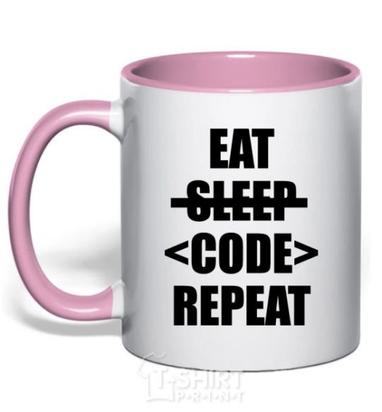 Mug with a colored handle Eat code repeat light-pink фото