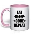 Mug with a colored handle Eat code repeat light-pink фото
