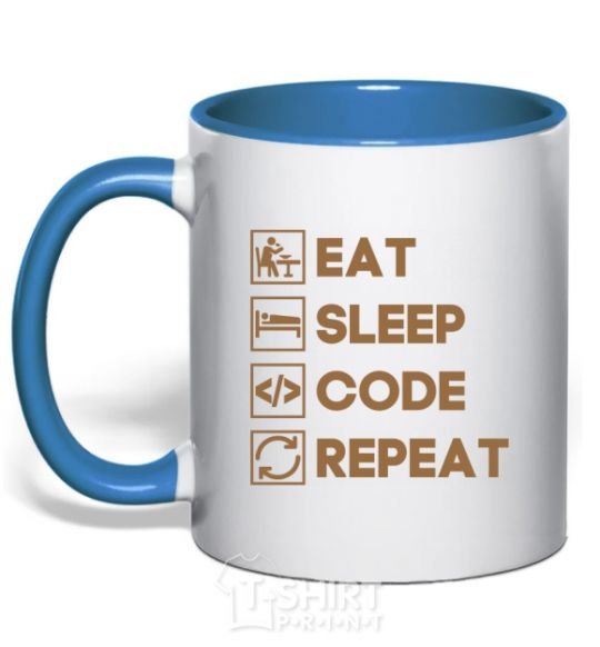 Mug with a colored handle Eat sleep code repeat icons royal-blue фото