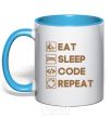 Mug with a colored handle Eat sleep code repeat icons sky-blue фото