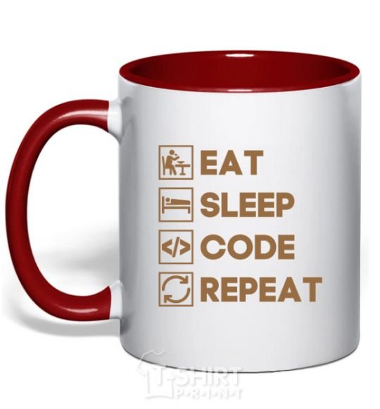 Mug with a colored handle Eat sleep code repeat icons red фото