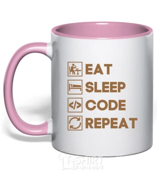 Mug with a colored handle Eat sleep code repeat icons light-pink фото
