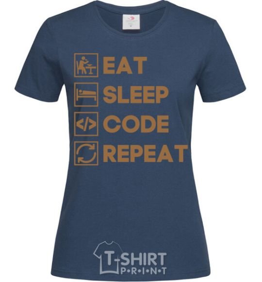 Women's T-shirt Eat sleep code repeat icons navy-blue фото