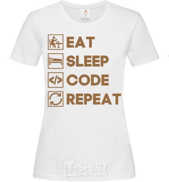 Women's T-shirt Eat sleep code repeat icons White фото