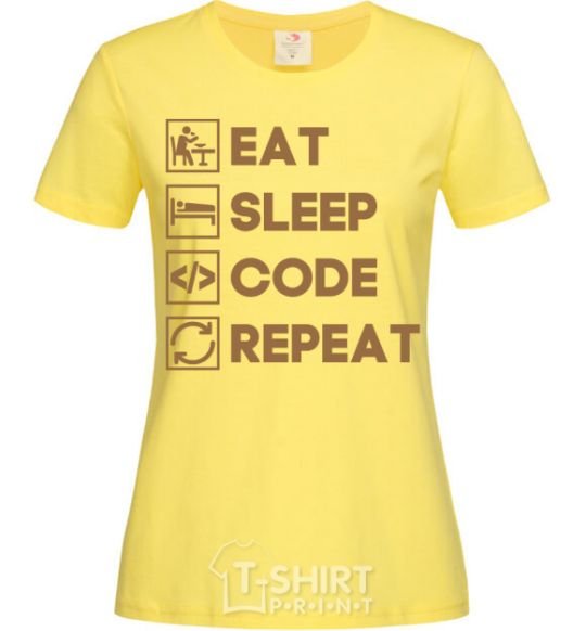 Women's T-shirt Eat sleep code repeat icons cornsilk фото