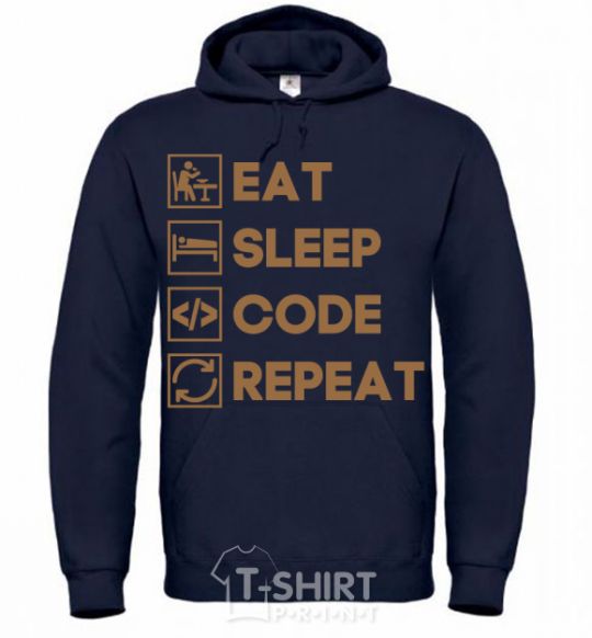 Men`s hoodie Eat sleep code repeat icons navy-blue фото