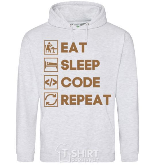 Мужская толстовка (худи) Eat sleep code repeat icons Серый меланж фото