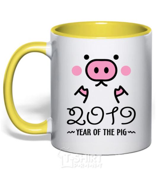 Mug with a colored handle 2019 Year of the pig yellow фото