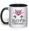 Mug with a colored handle 2019 Year of the pig black фото