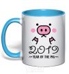 Mug with a colored handle 2019 Year of the pig sky-blue фото