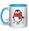 Mug with a colored handle Penguin man sky-blue фото