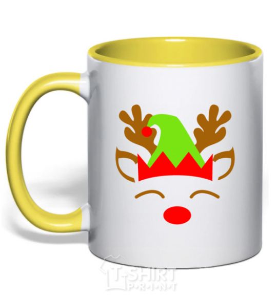 Mug with a colored handle Chrismas deer son yellow фото