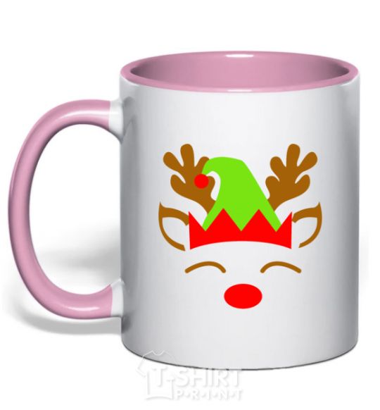 Mug with a colored handle Chrismas deer son light-pink фото