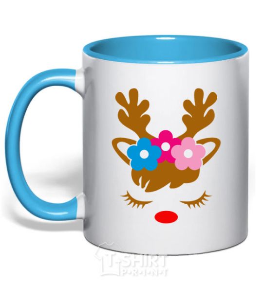 Mug with a colored handle Chrismas deer daughter sky-blue фото