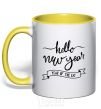 Mug with a colored handle Hello New Year yellow фото