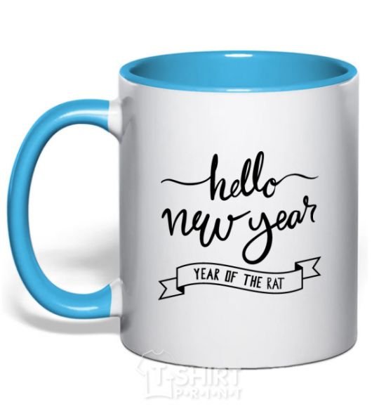 Mug with a colored handle Hello New Year sky-blue фото