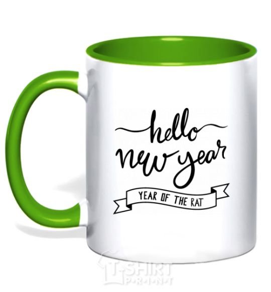 Mug with a colored handle Hello New Year kelly-green фото