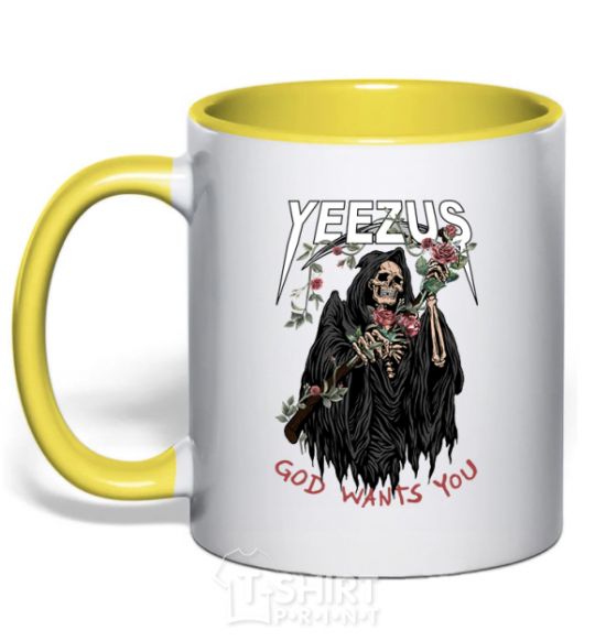 Mug with a colored handle Yeezus yellow фото