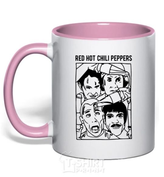 Mug with a colored handle Red hot chili peppers faces light-pink фото