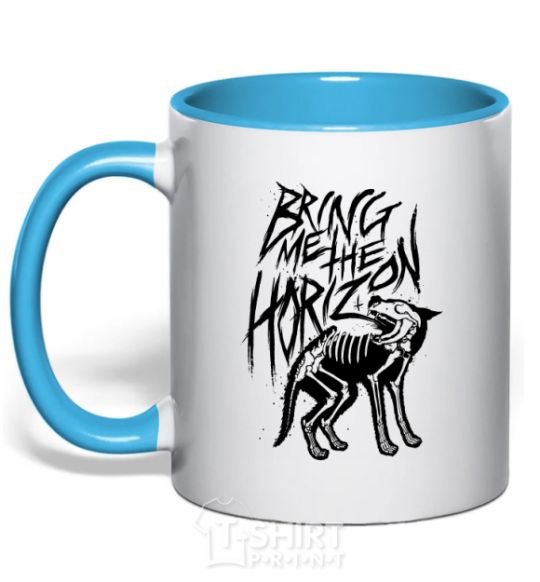 Mug with a colored handle Bring Me the Horizon Wolf bones sky-blue фото