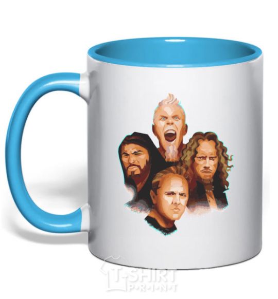 Mug with a colored handle Metallika color faces sky-blue фото