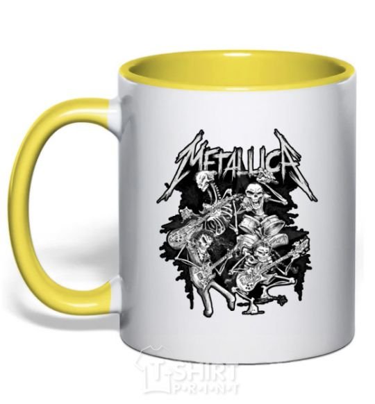 Mug with a colored handle Metallika band of skeletons yellow фото