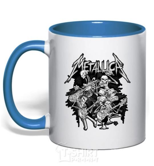 Mug with a colored handle Metallika band of skeletons royal-blue фото