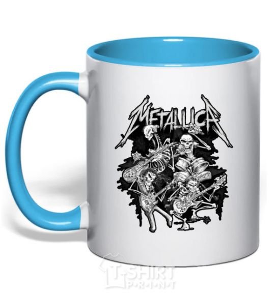 Mug with a colored handle Metallika band of skeletons sky-blue фото