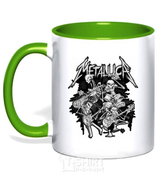 Mug with a colored handle Metallika band of skeletons kelly-green фото