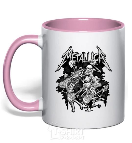 Mug with a colored handle Metallika band of skeletons light-pink фото