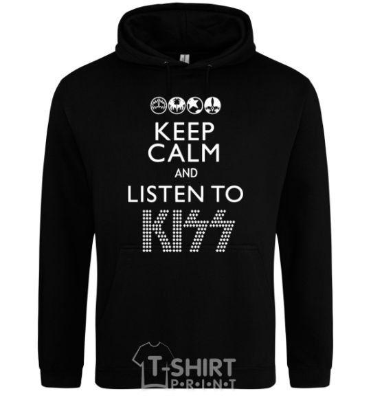 Мужская толстовка (худи) Keep calm and listen to Kiss Черный фото