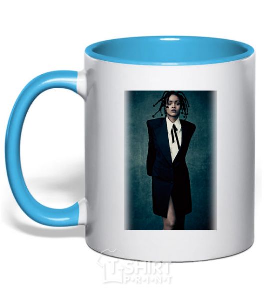 Mug with a colored handle Rihanna Photo sky-blue фото