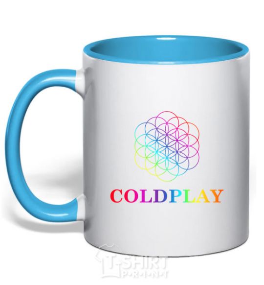 Mug with a colored handle Coldplay logo sky-blue фото