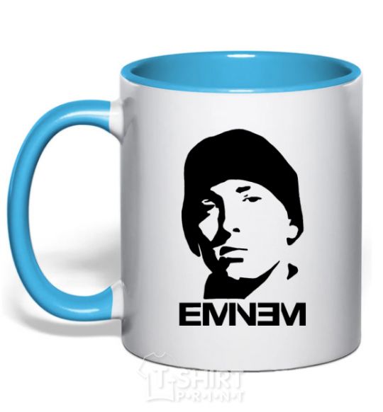 Mug with a colored handle Eminem face sky-blue фото