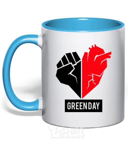 Mug with a colored handle Green Day logo sky-blue фото