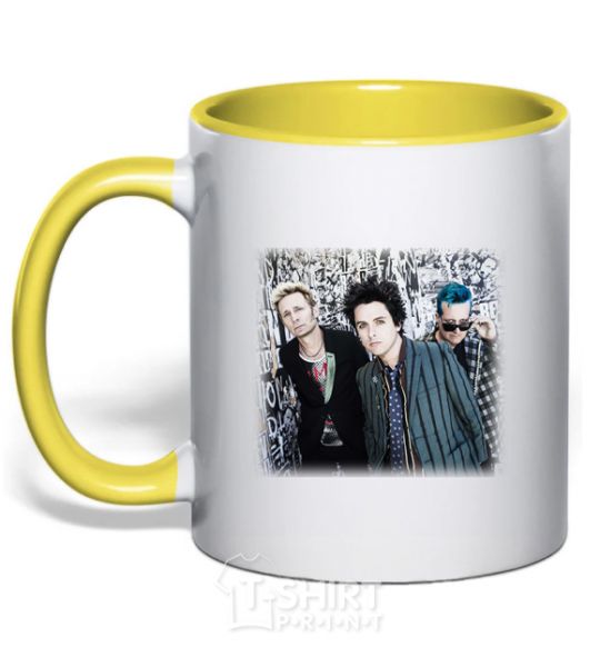 Mug with a colored handle Green Day group yellow фото
