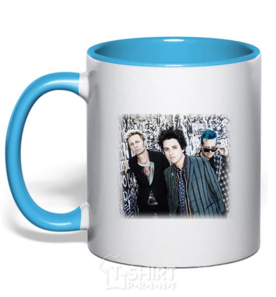 Mug with a colored handle Green Day group sky-blue фото