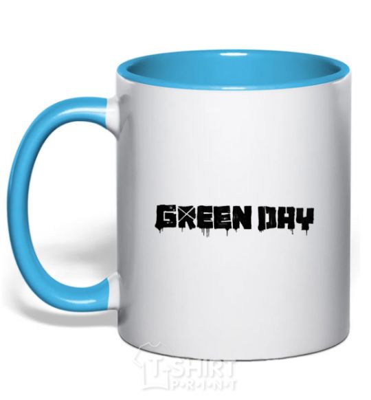 Mug with a colored handle Green day logo black sky-blue фото