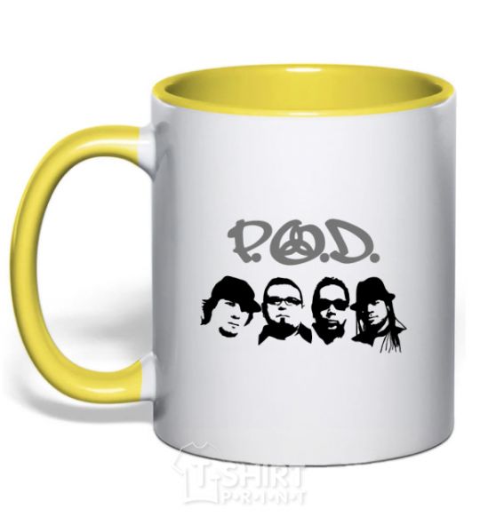 Mug with a colored handle POD faces yellow фото
