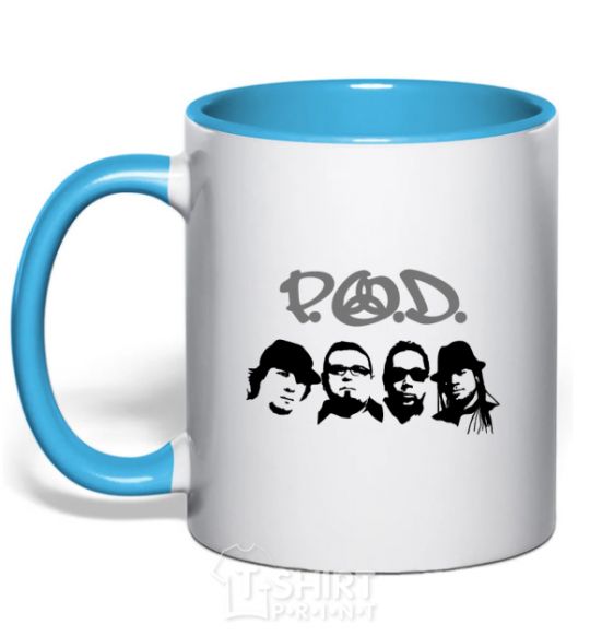 Mug with a colored handle POD faces sky-blue фото