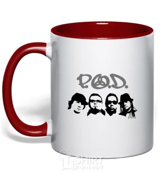 Mug with a colored handle POD faces red фото