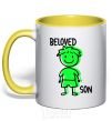 Mug with a colored handle Beloved son green yellow фото