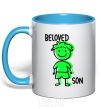 Mug with a colored handle Beloved son green sky-blue фото