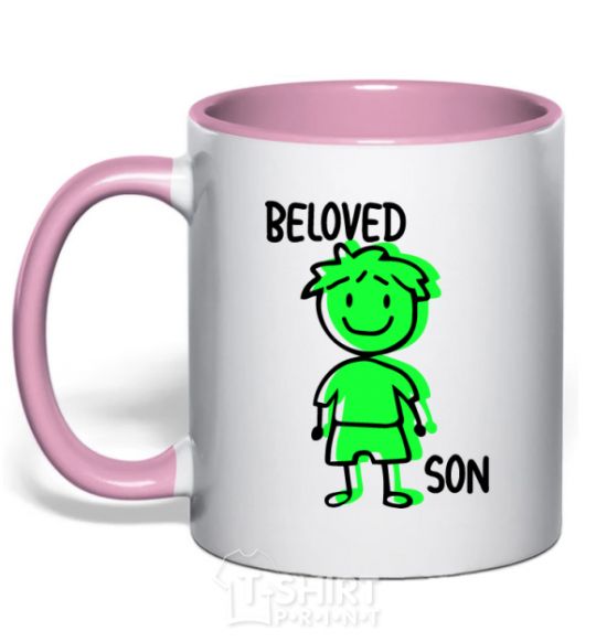 Mug with a colored handle Beloved son green light-pink фото