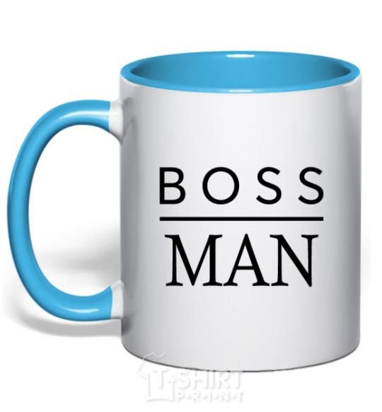 Mug with a colored handle Boss man sky-blue фото