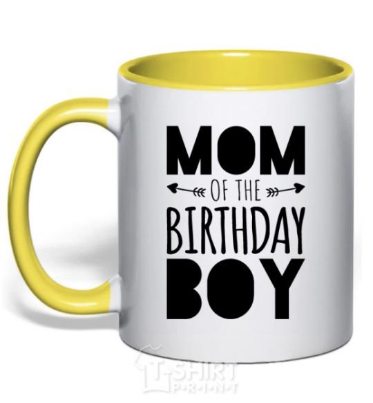 Mug with a colored handle Mom of the birthday boy yellow фото