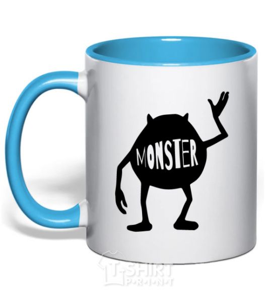 Mug with a colored handle Monster sky-blue фото