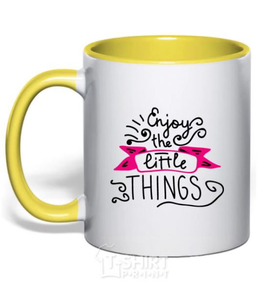 Mug with a colored handle Enjoy the little things yellow фото