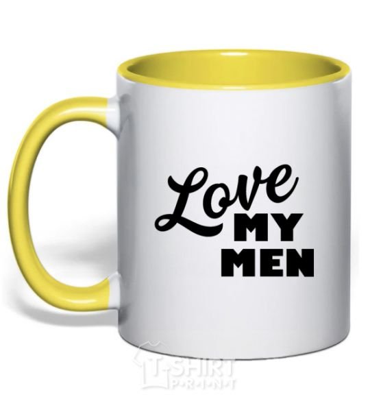 Mug with a colored handle Love my men yellow фото