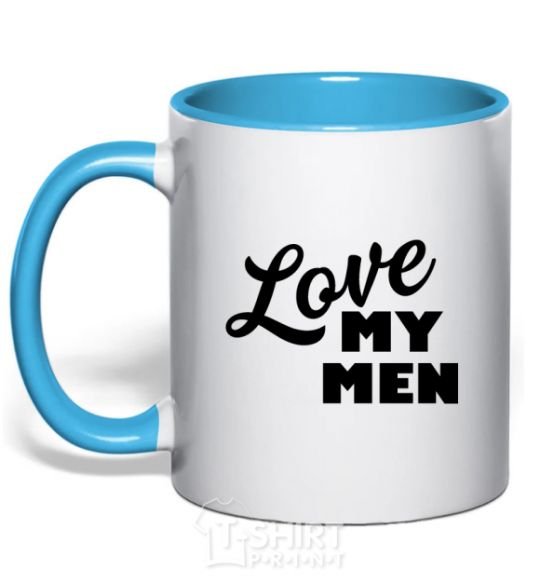 Mug with a colored handle Love my men sky-blue фото